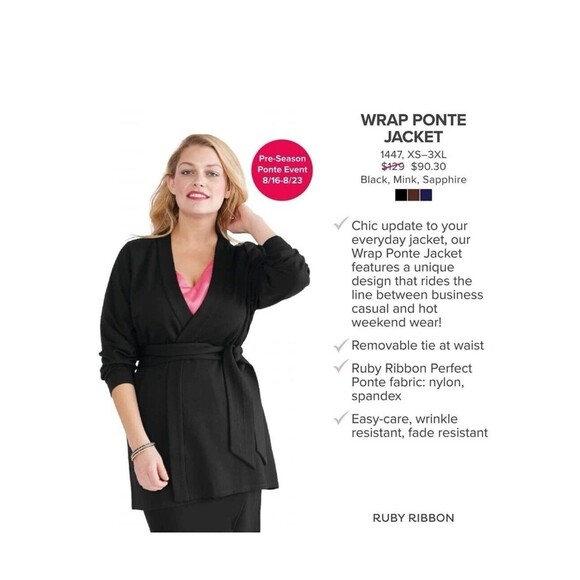 Ruby Ribbon Wrap Ponte Jacket Cardigan Sweater Top With Belt Size 2X XXL Black - Picture 1 of 9